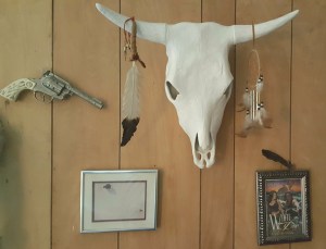 Wall decor, steer head, southwest pictures and a realistic looking western pistol 
