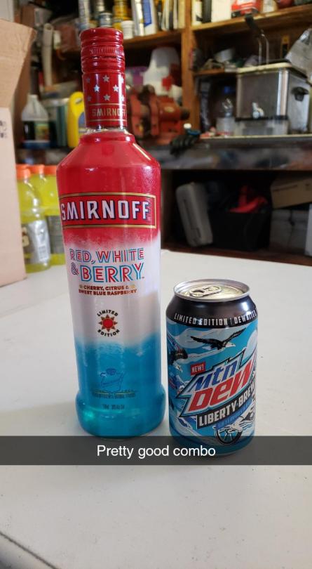 red white and blue vodka and Liberty Brew Mountain Dew